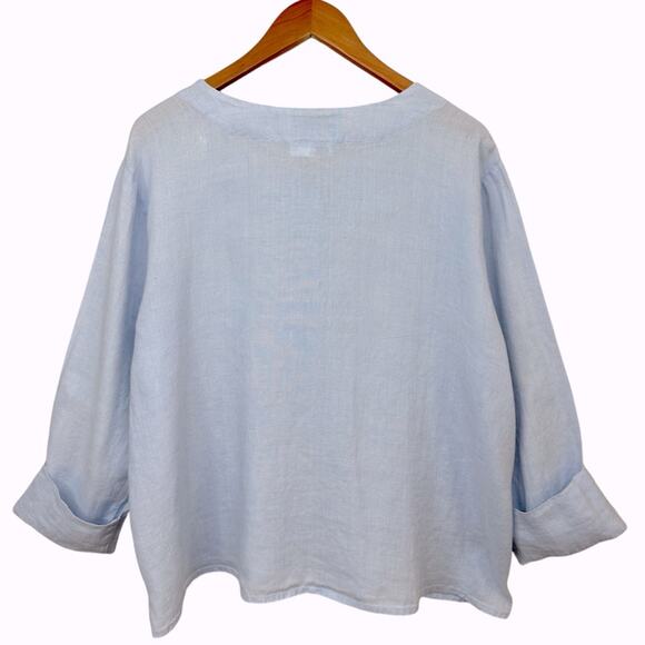 FLAX 100% Linen Light Blue Over Size Button Crew Neck Long Sleeve Pockets Sz L - Picture 2 of 14